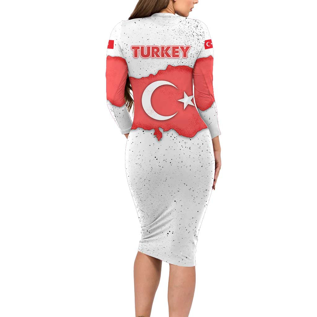 Turkey Flag Map Red and White Long Sleeve Bodycon Dress with National Symbol