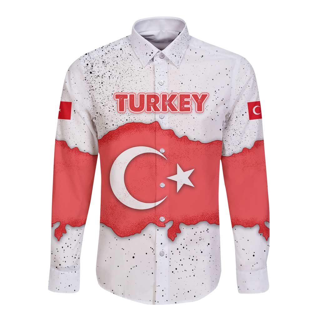 Turkey Flag Map Red and White Long Sleeve Button Shirt with National Symbol