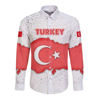 Turkey Flag Map Red and White Long Sleeve Button Shirt with National Symbol