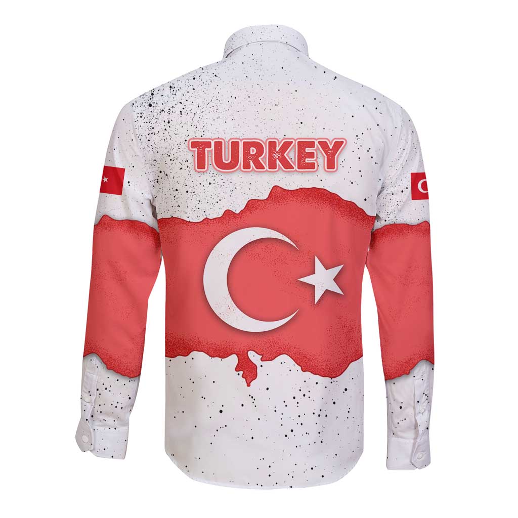 Turkey Flag Map Red and White Long Sleeve Button Shirt with National Symbol