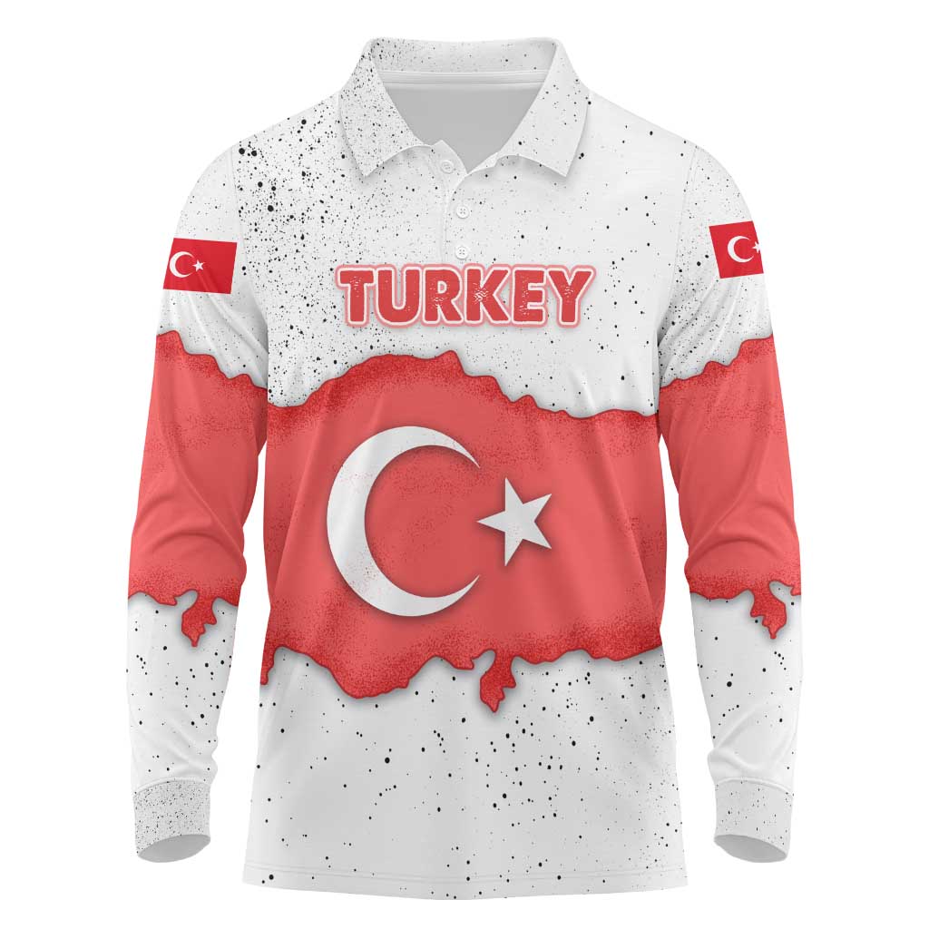 Turkey Flag Map Red and White Long Sleeve Polo Shirt with National Symbol