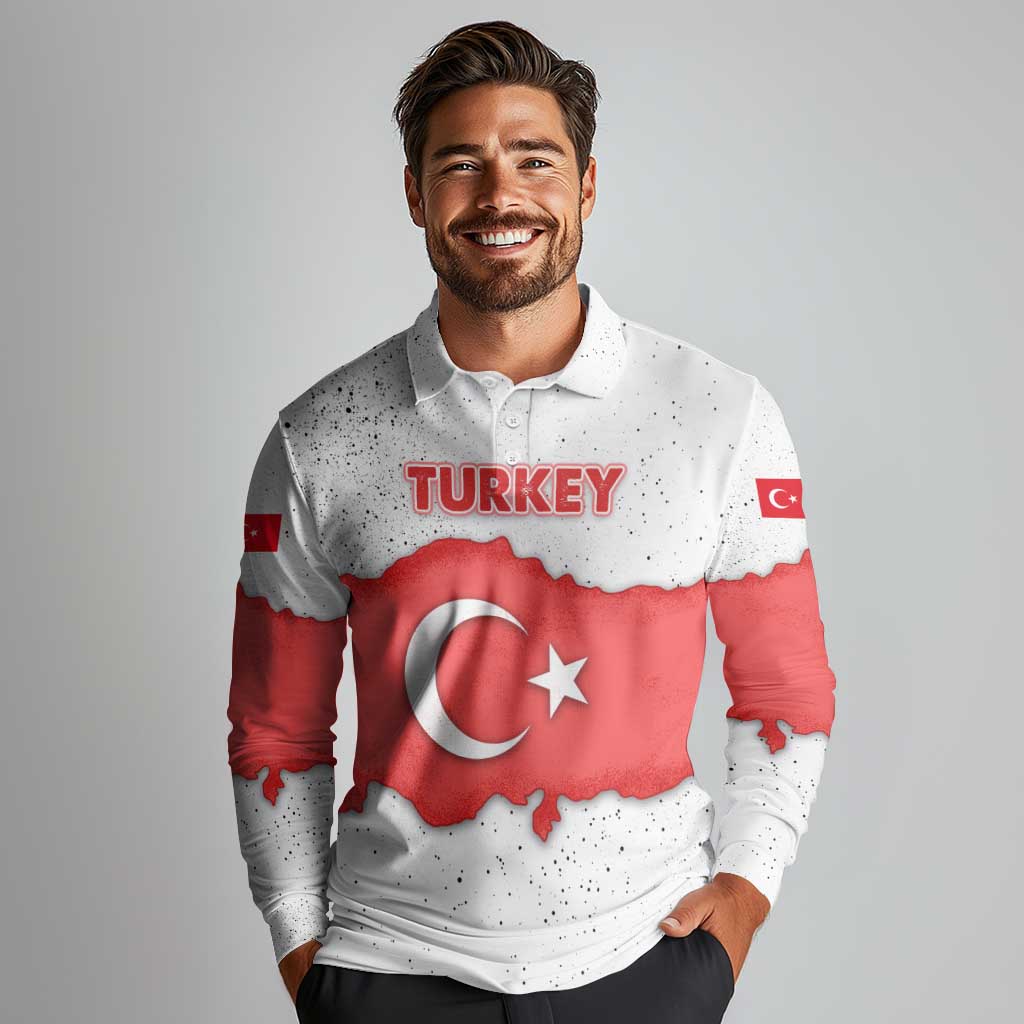 Turkey Flag Map Red and White Long Sleeve Polo Shirt with National Symbol