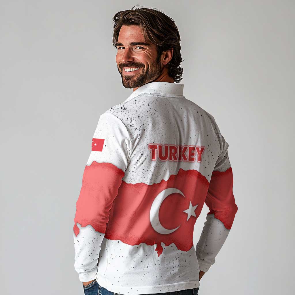 Turkey Flag Map Red and White Long Sleeve Polo Shirt with National Symbol