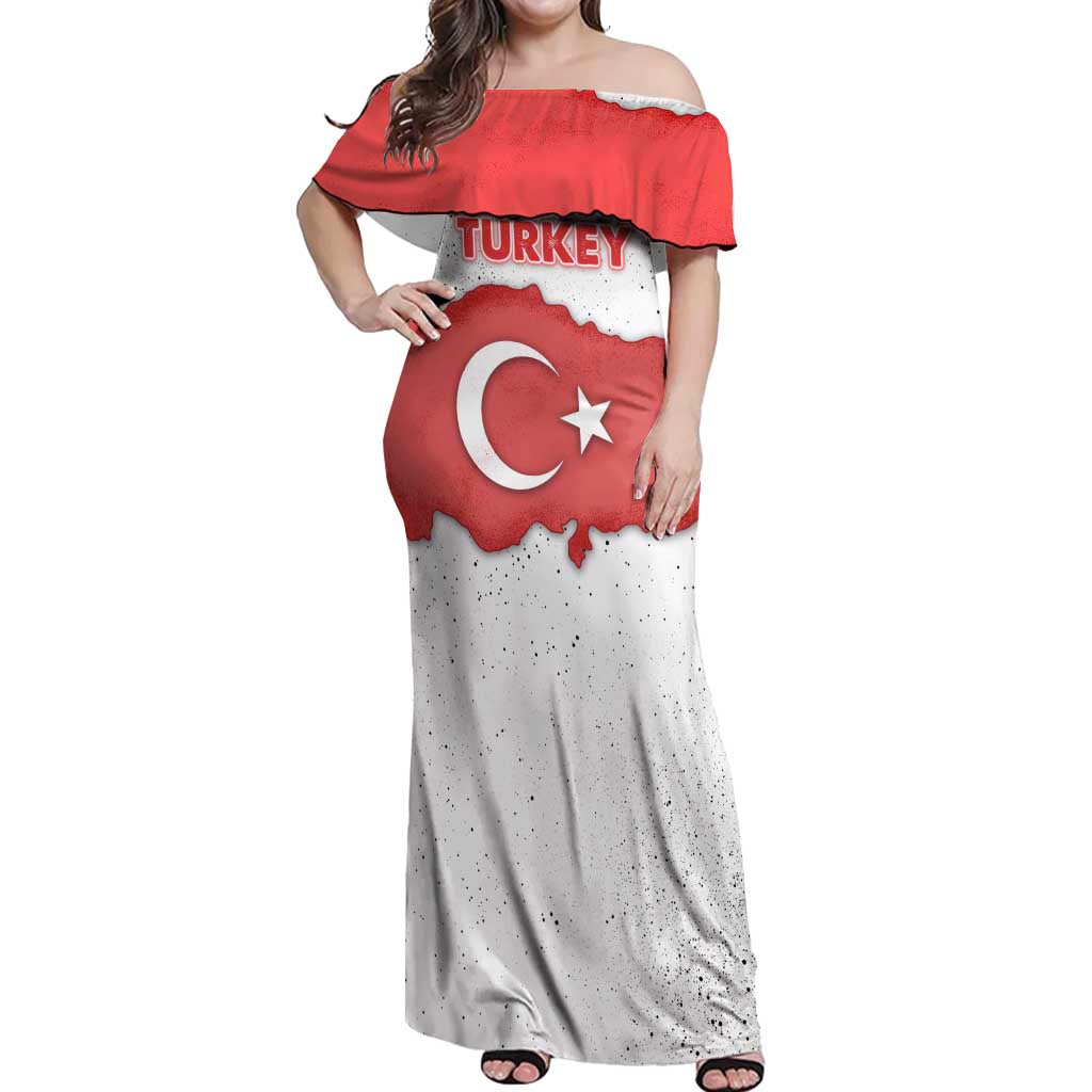 Turkey Flag Map Red and White Off Shoulder Maxi Dress with National Symbol