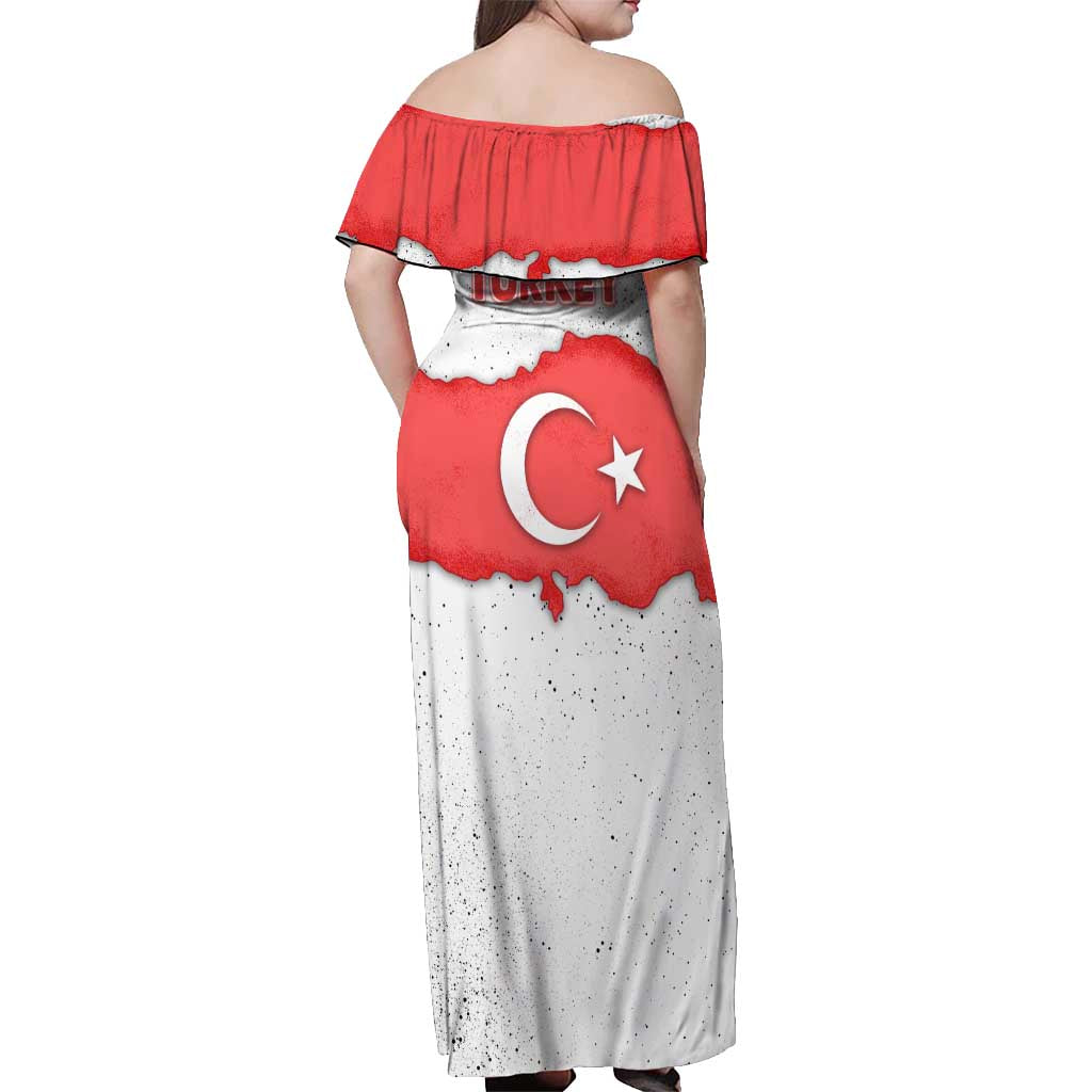 Turkey Flag Map Red and White Off Shoulder Maxi Dress with National Symbol