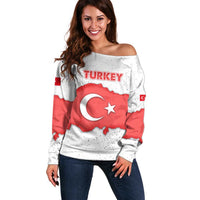 Turkey Flag Map Red and White Off Shoulder Sweater with National Symbol