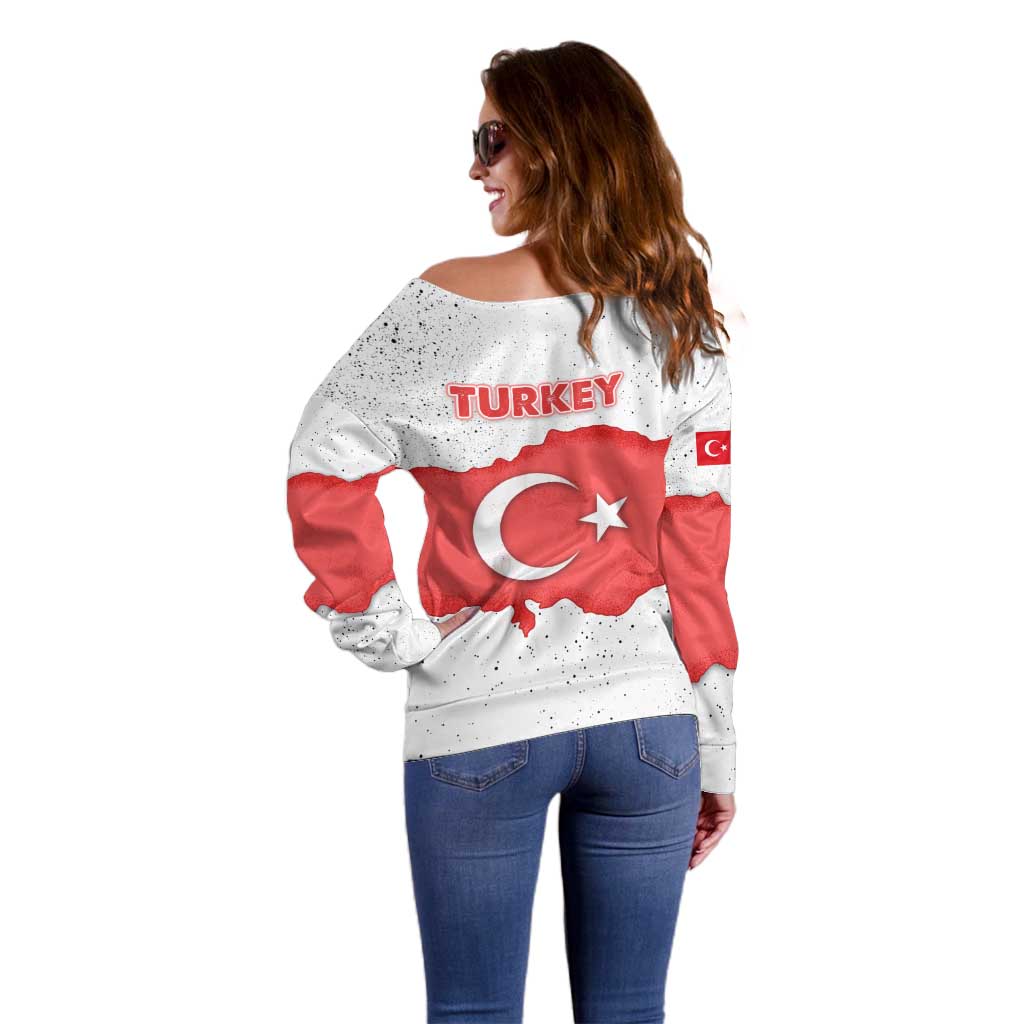 Turkey Flag Map Red and White Off Shoulder Sweater with National Symbol