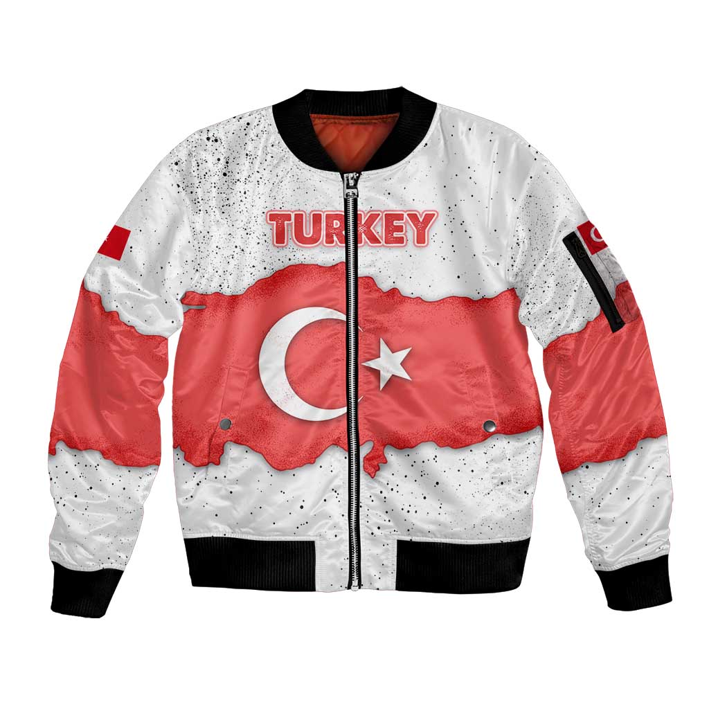 Turkey Flag Map Red and White Sleeve Zip Bomber Jacket with National Symbol