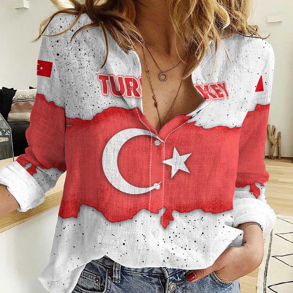 Turkey Flag Map Red and White Women Casual Shirt with National Symbol