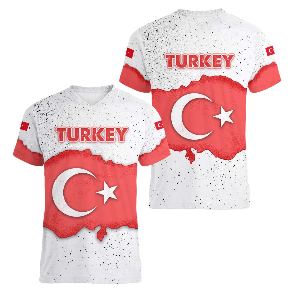 Turkey Flag Map Red and White Women V-Neck T-Shirt with National Symbol