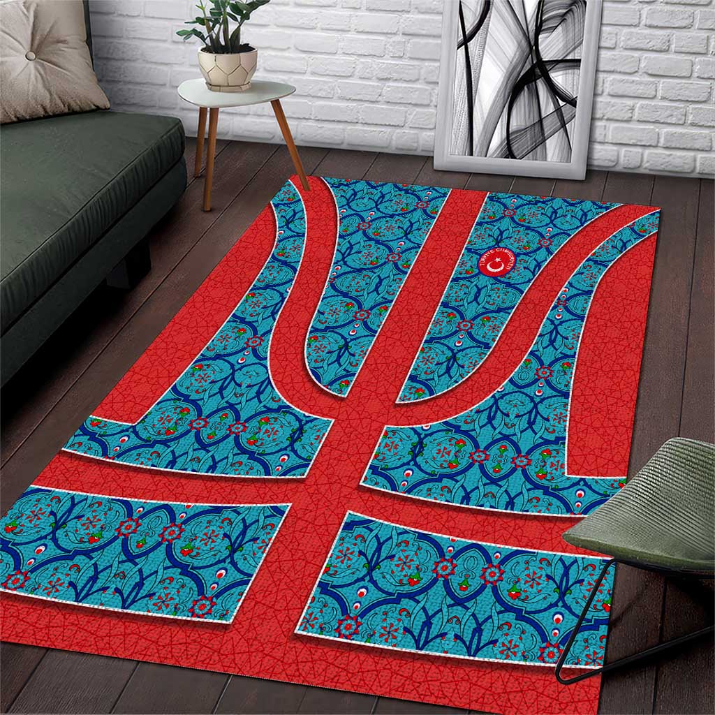 Blue Turkish Traditional Pattern and Red Area Rug with National Flag Emblem