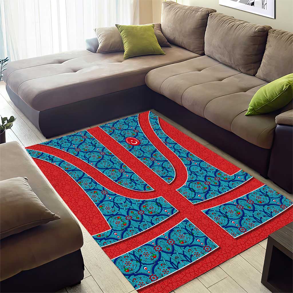 Blue Turkish Traditional Pattern and Red Area Rug with National Flag Emblem