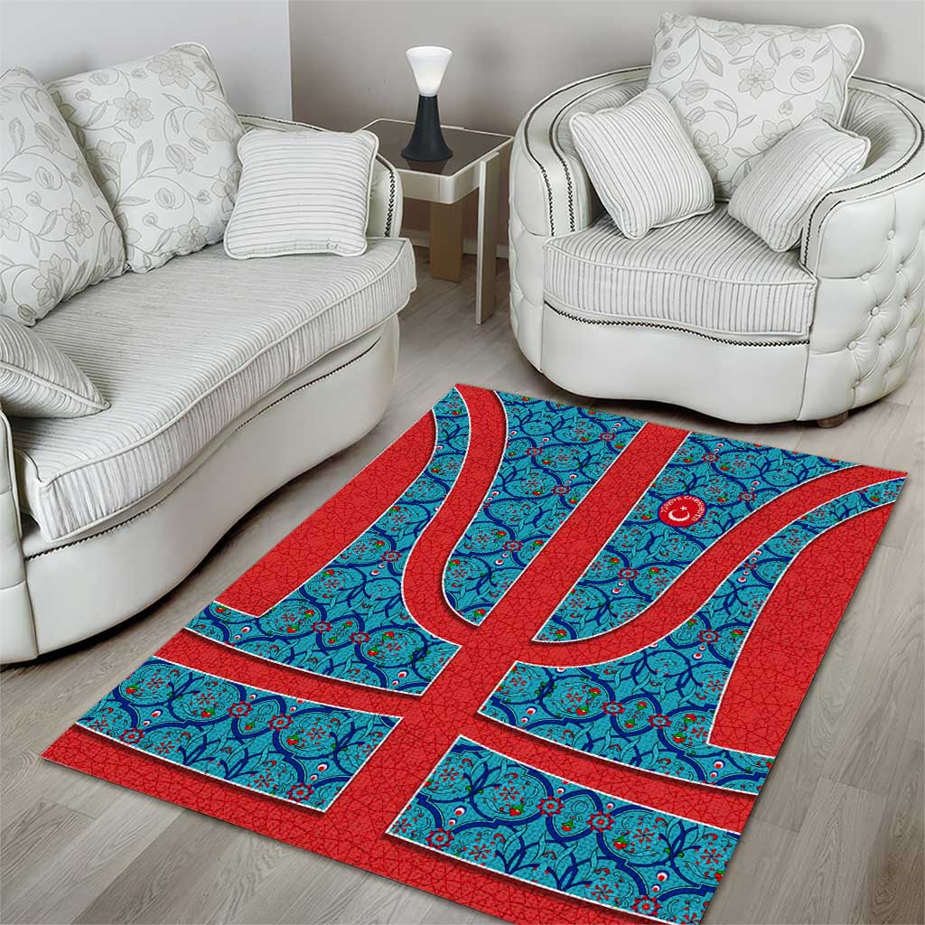 Blue Turkish Traditional Pattern and Red Area Rug with National Flag Emblem