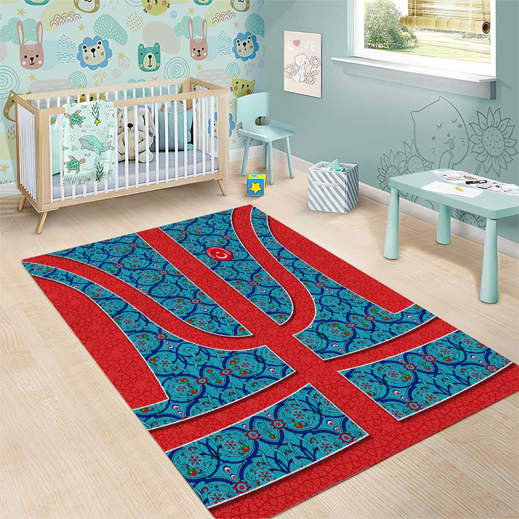 Blue Turkish Traditional Pattern and Red Area Rug with National Flag Emblem