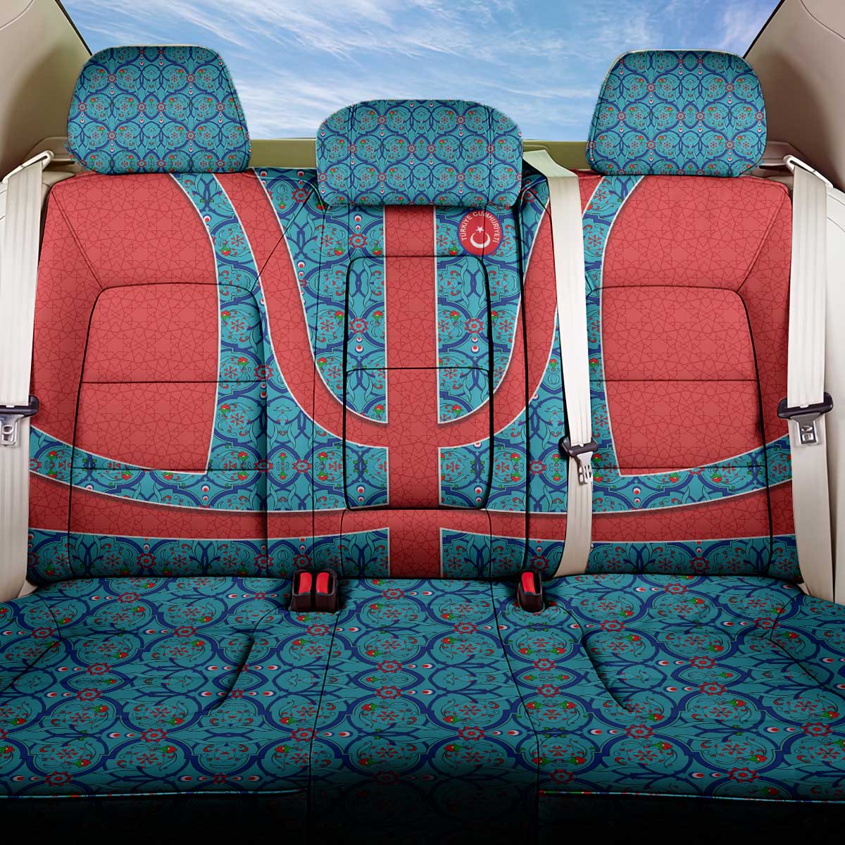 Blue Turkish Traditional Pattern and Red Back Car Seat Cover with National Flag Emblem