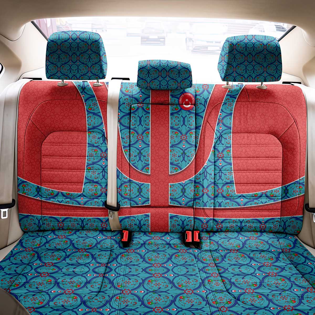 Blue Turkish Traditional Pattern and Red Back Car Seat Cover with National Flag Emblem