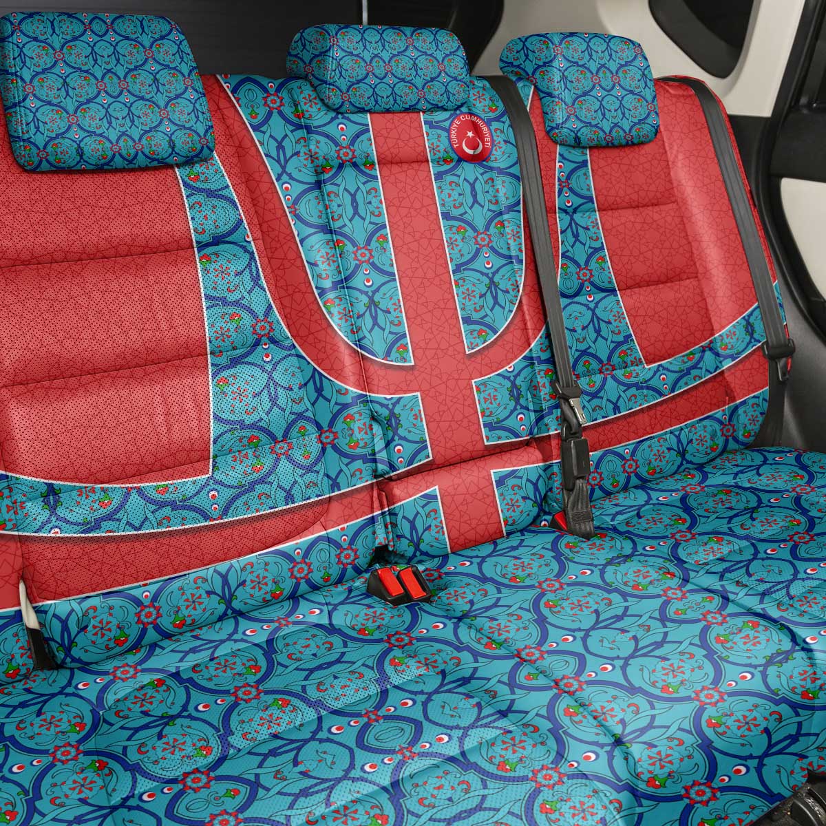 Blue Turkish Traditional Pattern and Red Back Car Seat Cover with National Flag Emblem