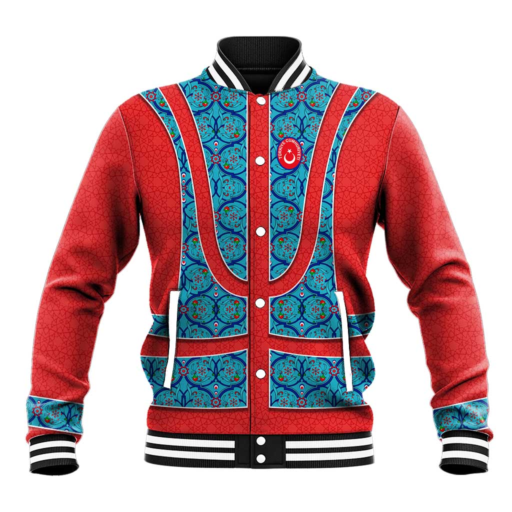 Blue Turkish Traditional Pattern and Red Baseball Jacket with National Flag Emblem