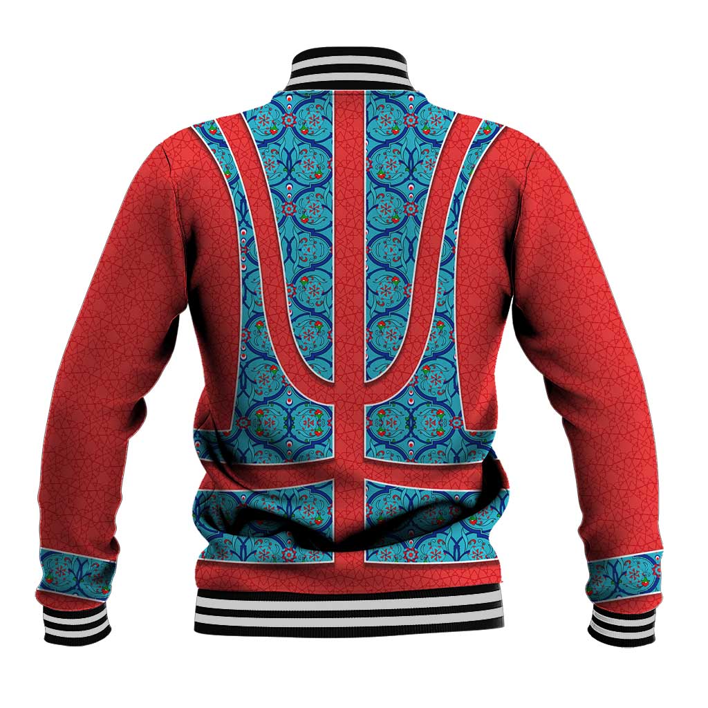 Blue Turkish Traditional Pattern and Red Baseball Jacket with National Flag Emblem