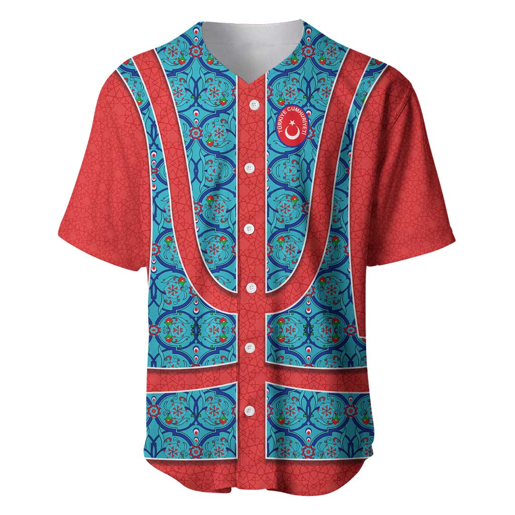 Blue Turkish Traditional Pattern and Red Baseball Jersey with National Flag Emblem