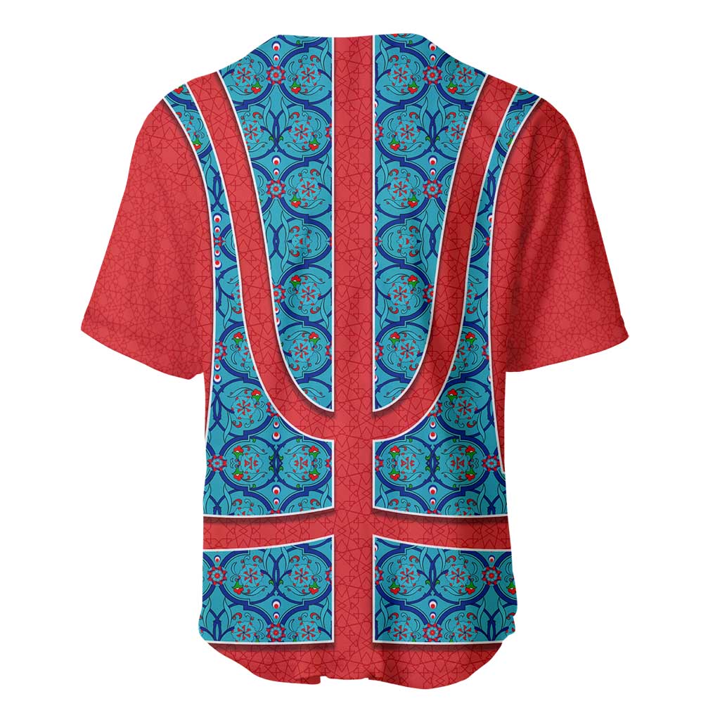 Blue Turkish Traditional Pattern and Red Baseball Jersey with National Flag Emblem
