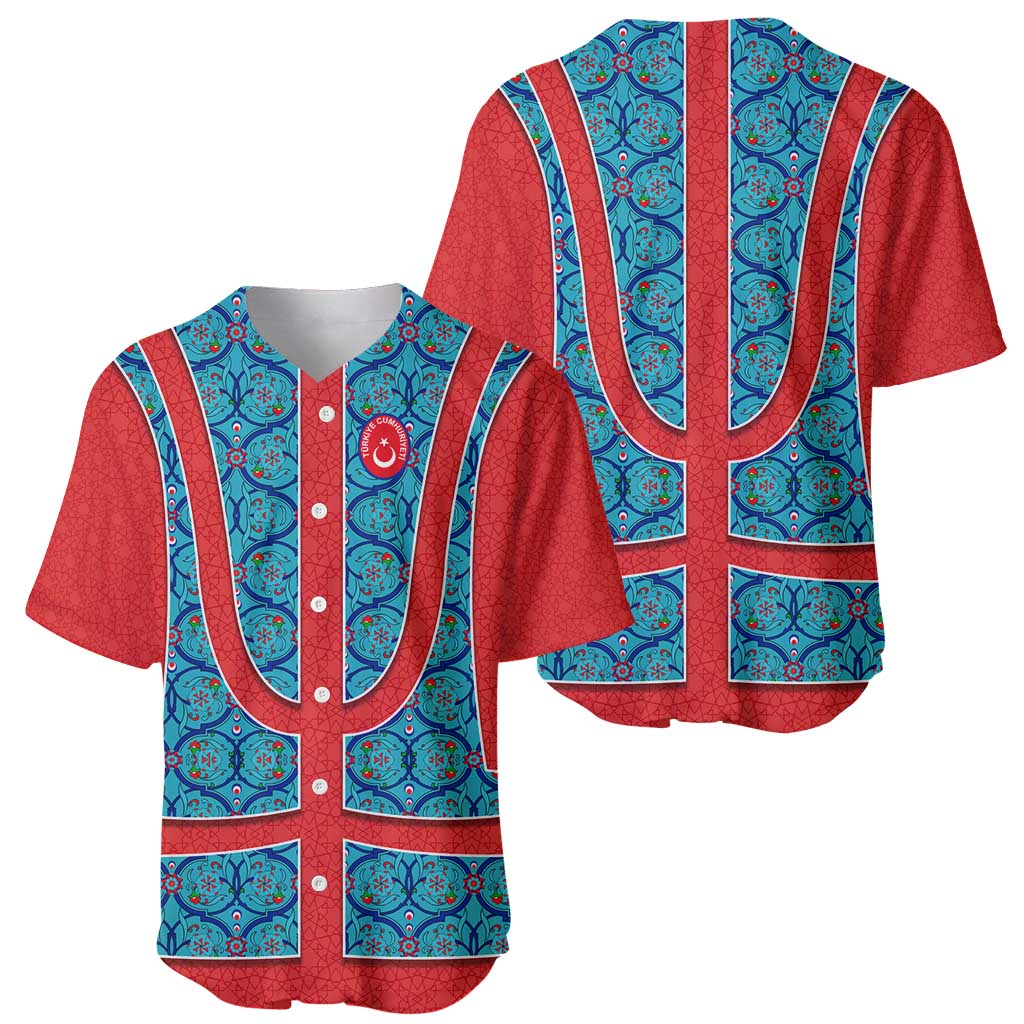 Blue Turkish Traditional Pattern and Red Baseball Jersey with National Flag Emblem