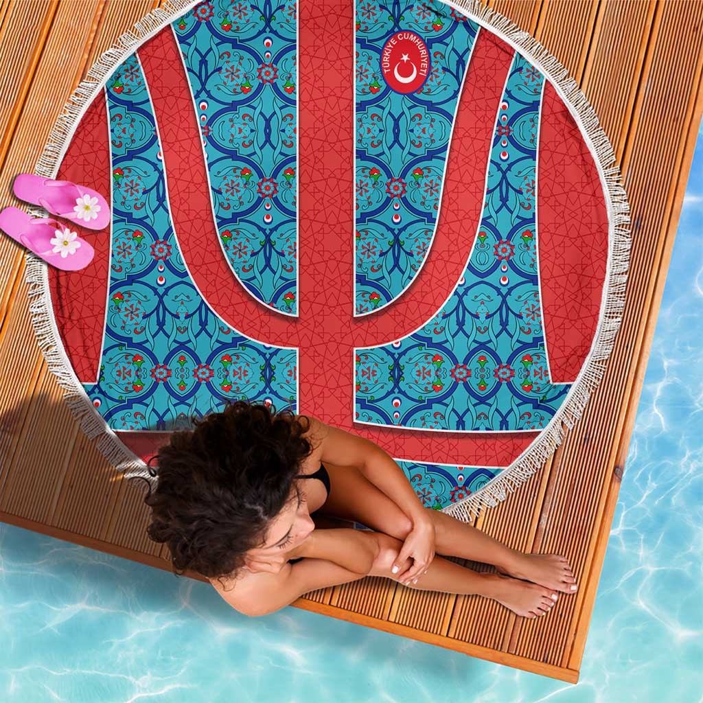 Blue Turkish Traditional Pattern and Red Beach Blanket with National Flag Emblem
