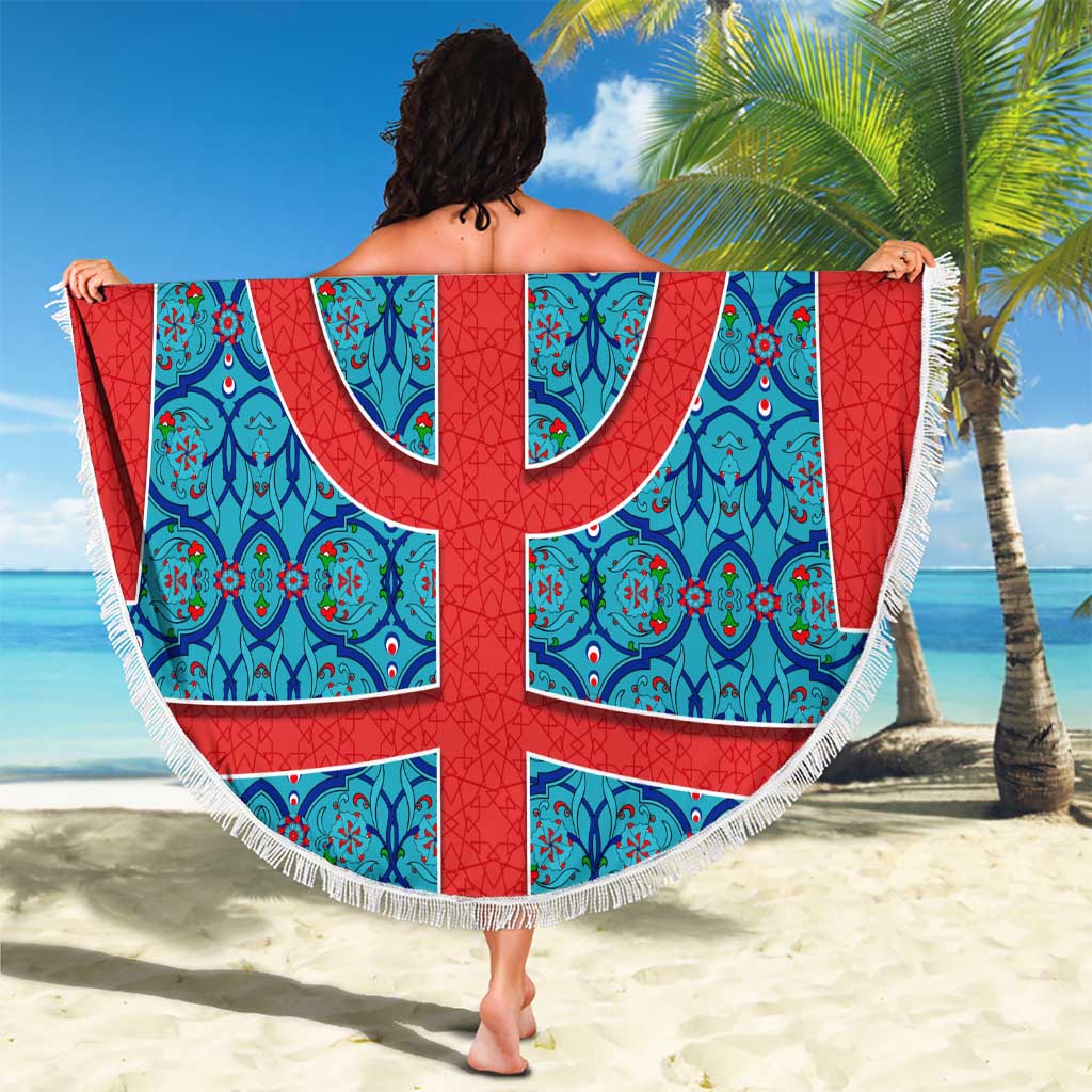 Blue Turkish Traditional Pattern and Red Beach Blanket with National Flag Emblem