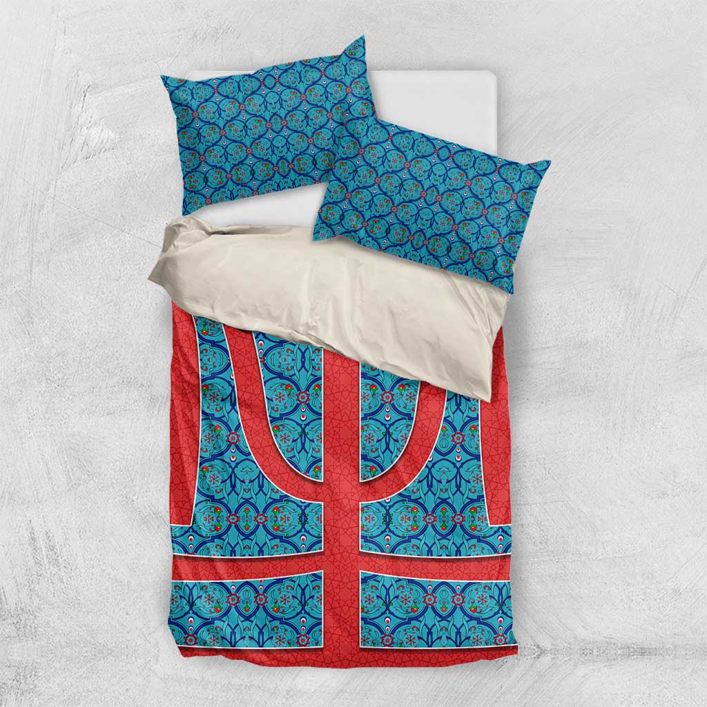 Blue Turkish Traditional Pattern and Red Bedding Set with National Flag Emblem