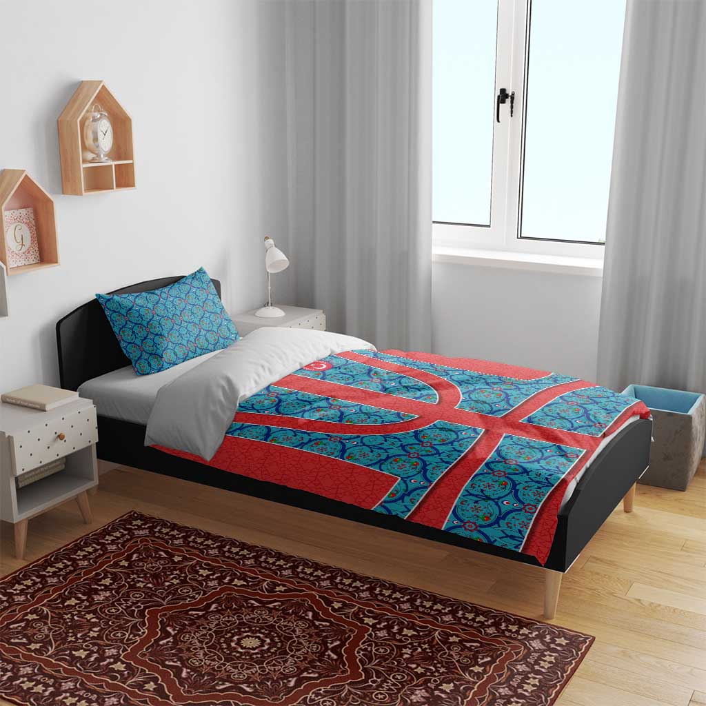 Blue Turkish Traditional Pattern and Red Bedding Set with National Flag Emblem