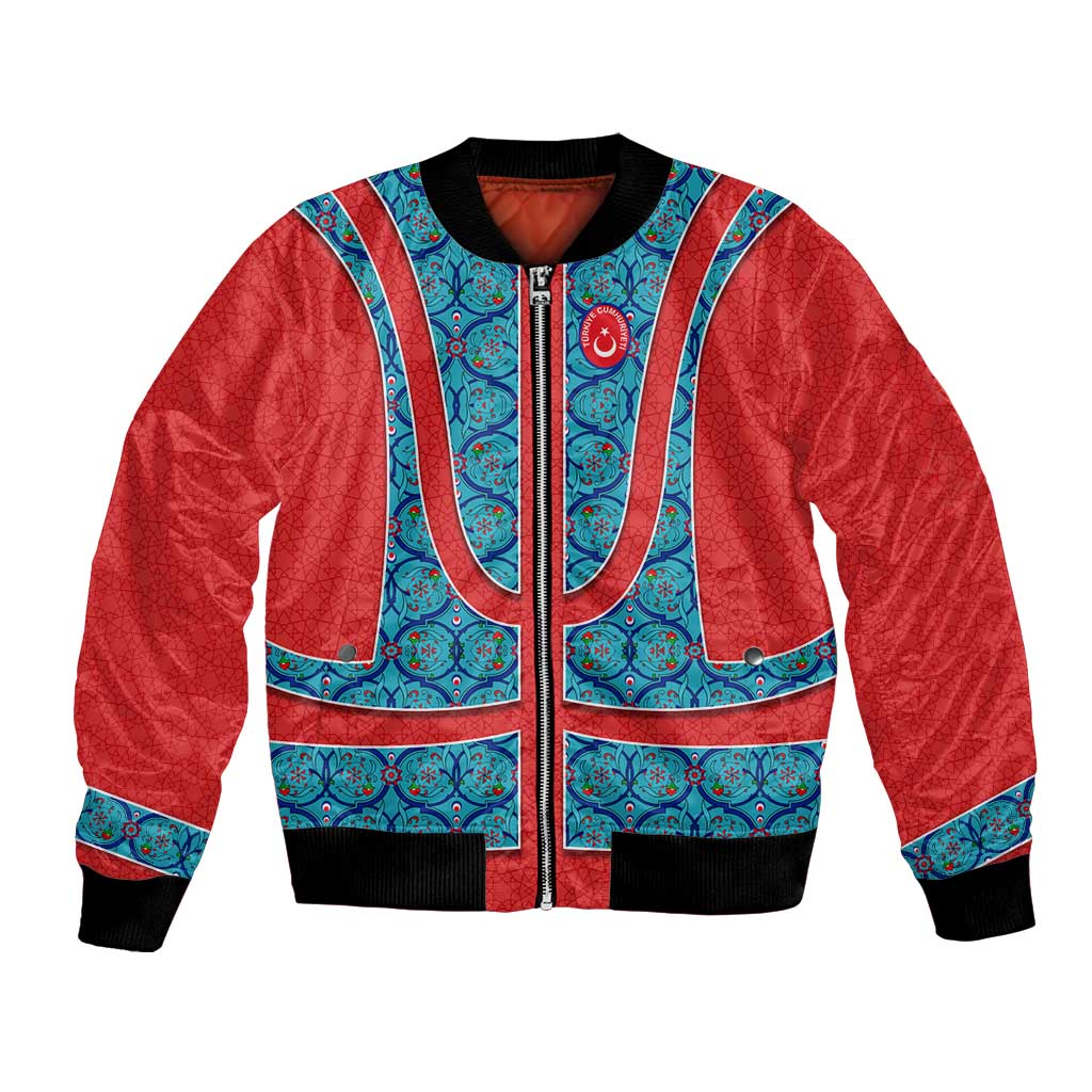 Blue Turkish Traditional Pattern and Red Bomber Jacket with National Flag Emblem