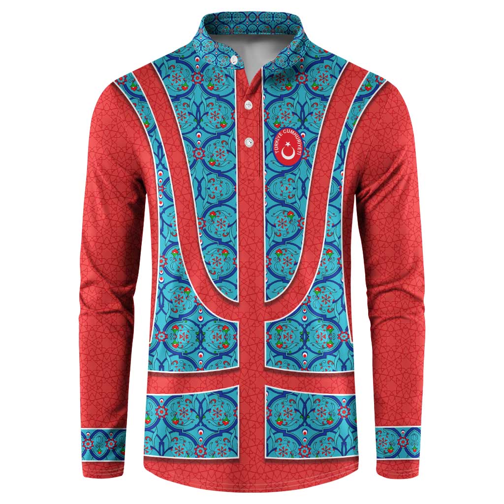 Blue Turkish Traditional Pattern and Red Button Sweatshirt with National Flag Emblem