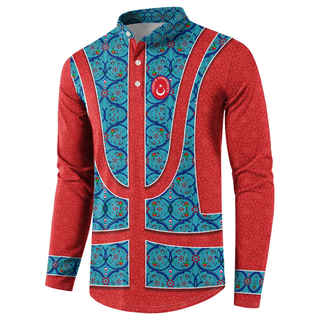 Blue Turkish Traditional Pattern and Red Button Sweatshirt with National Flag Emblem