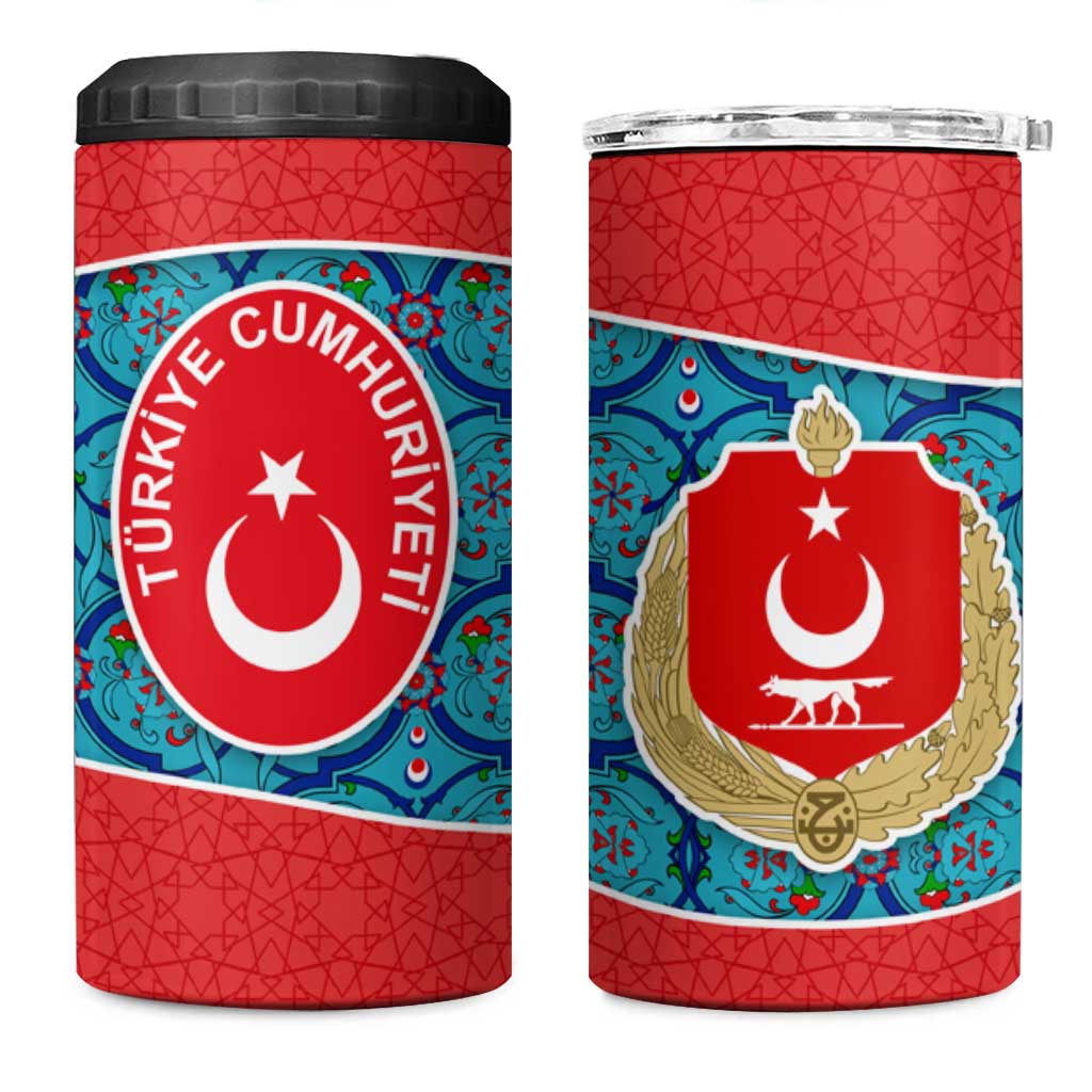 Blue Turkish Traditional Pattern and Red 4 in 1 Can Cooler Tumbler with National Flag Emblem