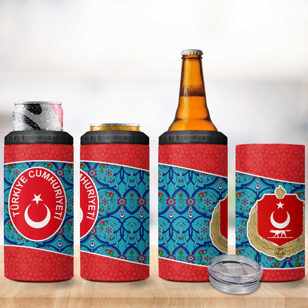Blue Turkish Traditional Pattern and Red 4 in 1 Can Cooler Tumbler with National Flag Emblem
