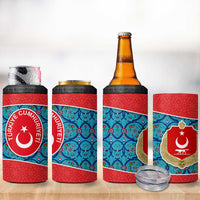 Blue Turkish Traditional Pattern and Red 4 in 1 Can Cooler Tumbler with National Flag Emblem