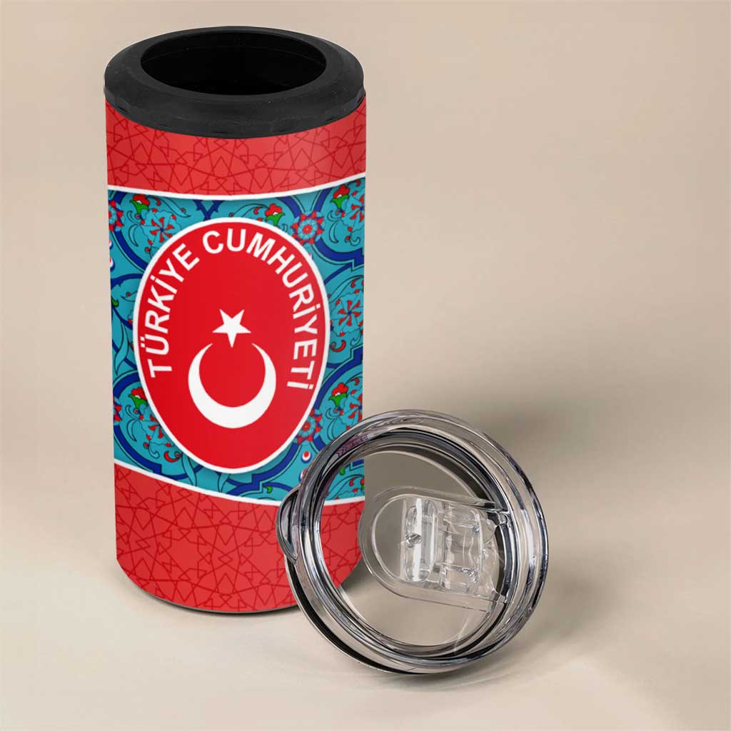 Blue Turkish Traditional Pattern and Red 4 in 1 Can Cooler Tumbler with National Flag Emblem