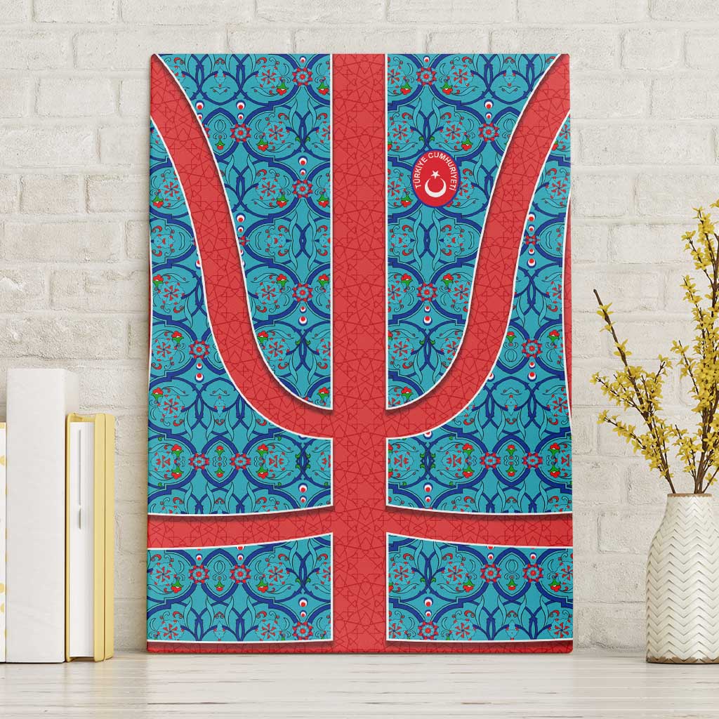 Blue Turkish Traditional Pattern and Red Canvas Wall Art with National Flag Emblem