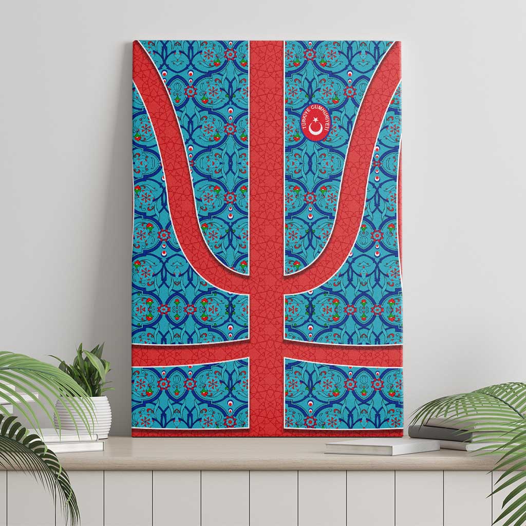 Blue Turkish Traditional Pattern and Red Canvas Wall Art with National Flag Emblem