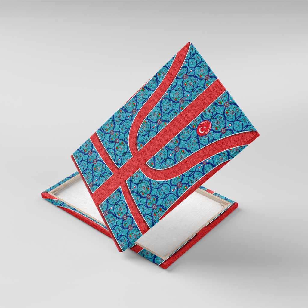 Blue Turkish Traditional Pattern and Red Canvas Wall Art with National Flag Emblem