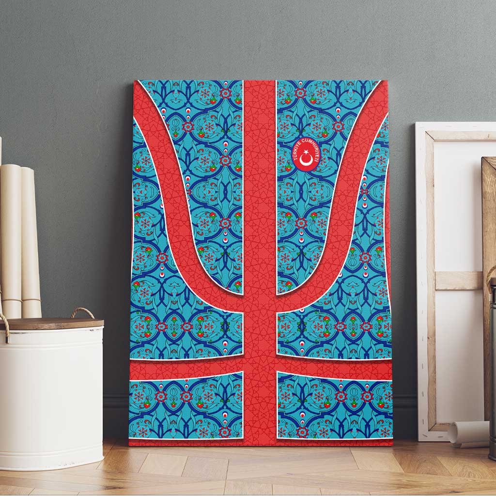Blue Turkish Traditional Pattern and Red Canvas Wall Art with National Flag Emblem
