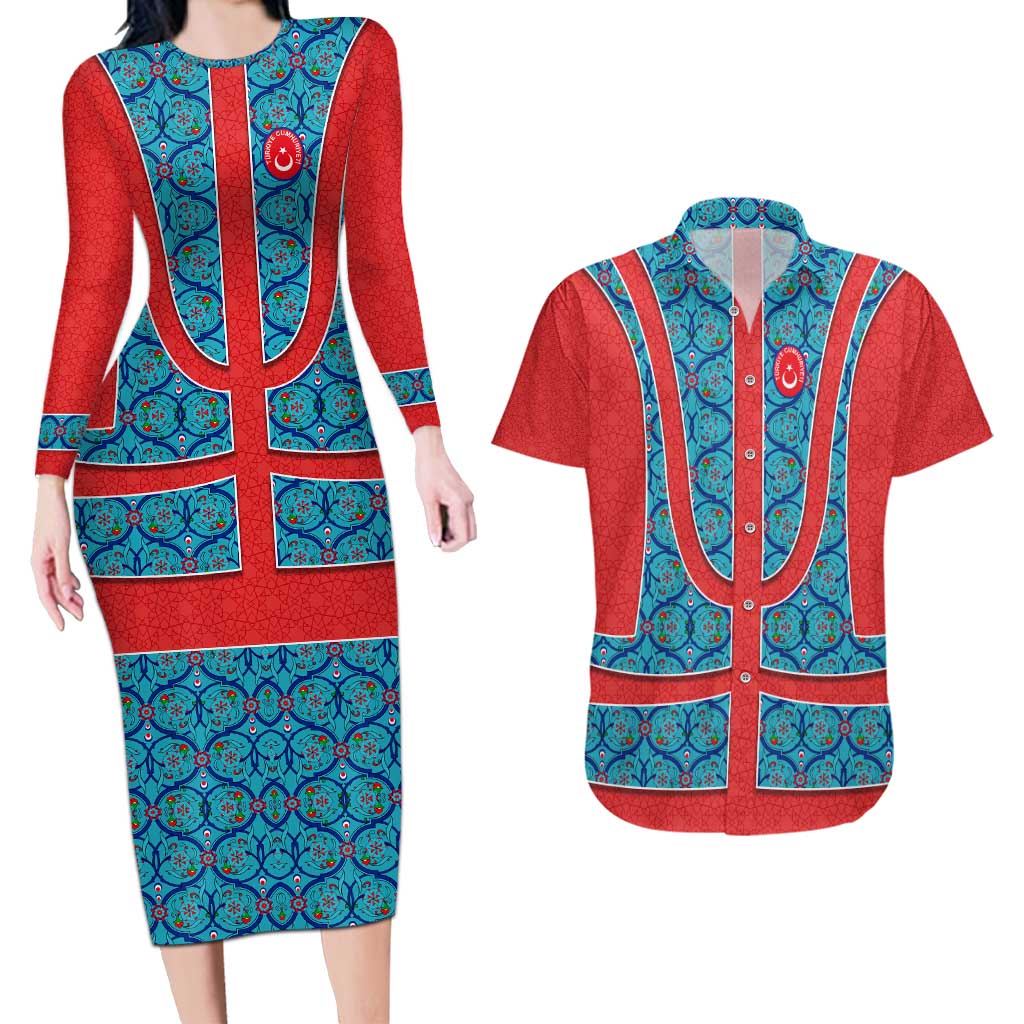 Blue Turkish Traditional Pattern and Red Couples Matching Long Sleeve Bodycon Dress and Hawaiian Shirt with National Flag Emblem