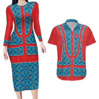 Blue Turkish Traditional Pattern and Red Couples Matching Long Sleeve Bodycon Dress and Hawaiian Shirt with National Flag Emblem