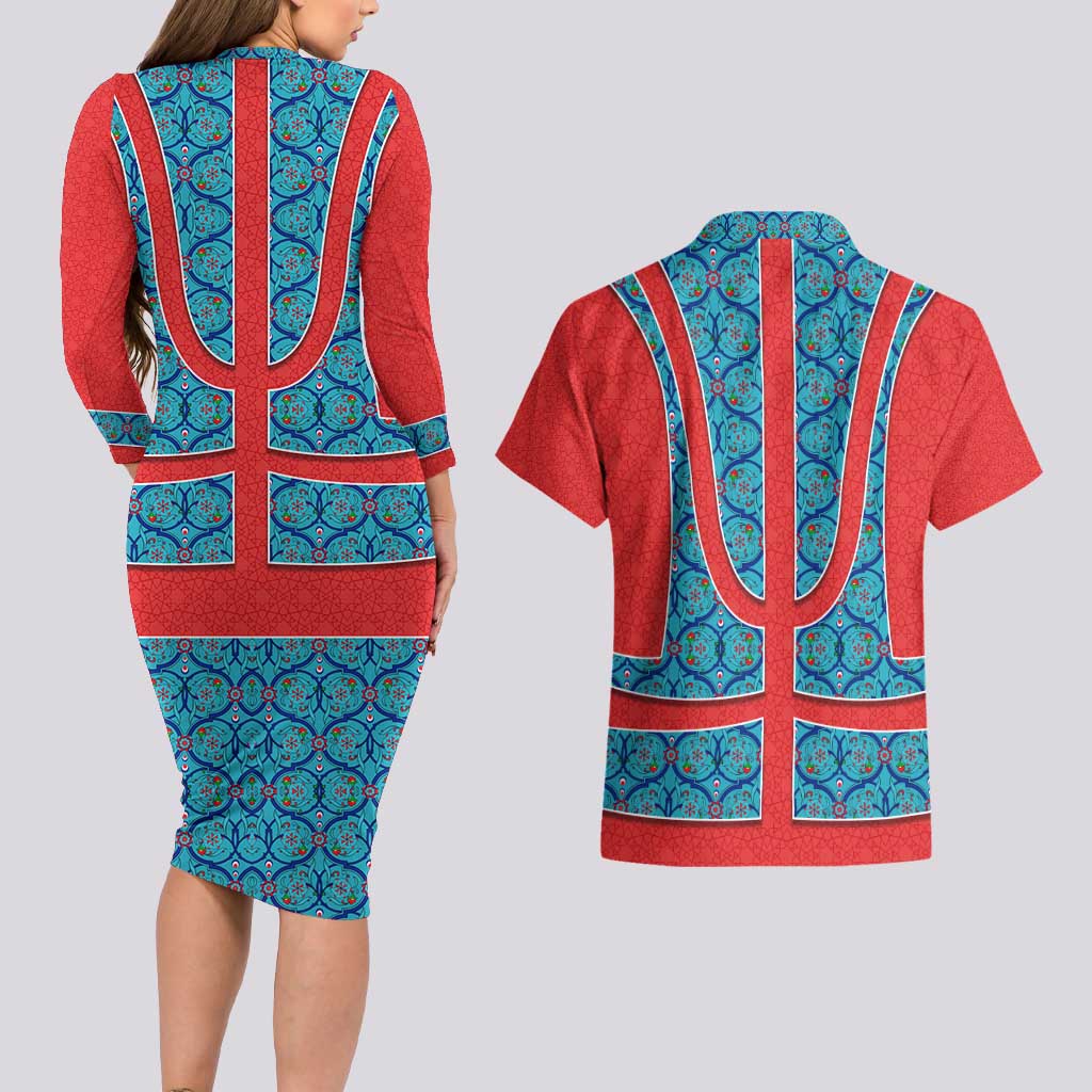 Blue Turkish Traditional Pattern and Red Couples Matching Long Sleeve Bodycon Dress and Hawaiian Shirt with National Flag Emblem