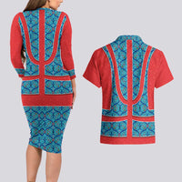 Blue Turkish Traditional Pattern and Red Couples Matching Long Sleeve Bodycon Dress and Hawaiian Shirt with National Flag Emblem