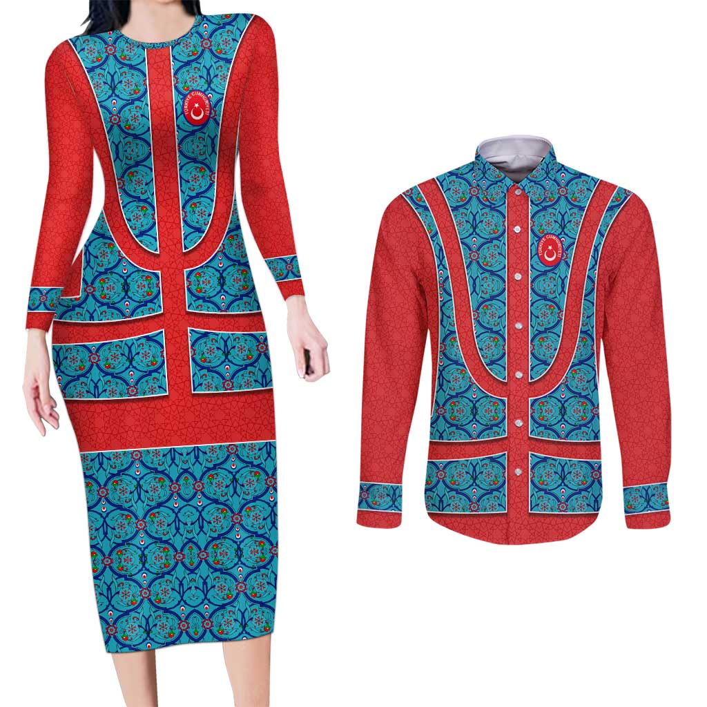 Blue Turkish Traditional Pattern and Red Couples Matching Long Sleeve Bodycon Dress and Long Sleeve Button Shirt with National Flag Emblem