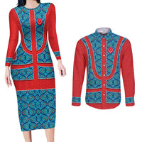 Blue Turkish Traditional Pattern and Red Couples Matching Long Sleeve Bodycon Dress and Long Sleeve Button Shirt with National Flag Emblem