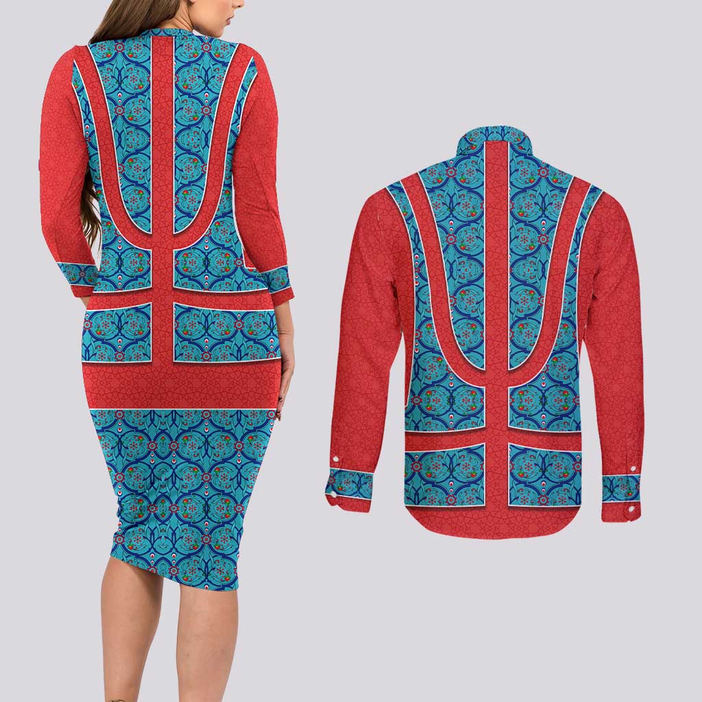 Blue Turkish Traditional Pattern and Red Couples Matching Long Sleeve Bodycon Dress and Long Sleeve Button Shirt with National Flag Emblem