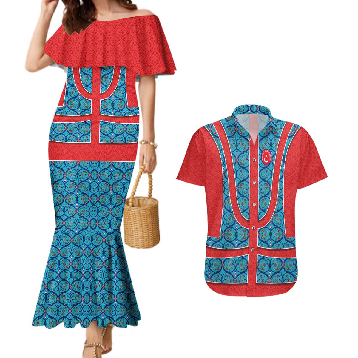 Blue Turkish Traditional Pattern and Red Couples Matching Mermaid Dress and Hawaiian Shirt with National Flag Emblem