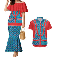 Blue Turkish Traditional Pattern and Red Couples Matching Mermaid Dress and Hawaiian Shirt with National Flag Emblem